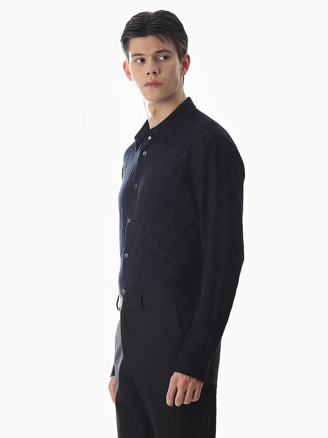 Navy Blue Jacquard Slim Fit Shirt - Image 3