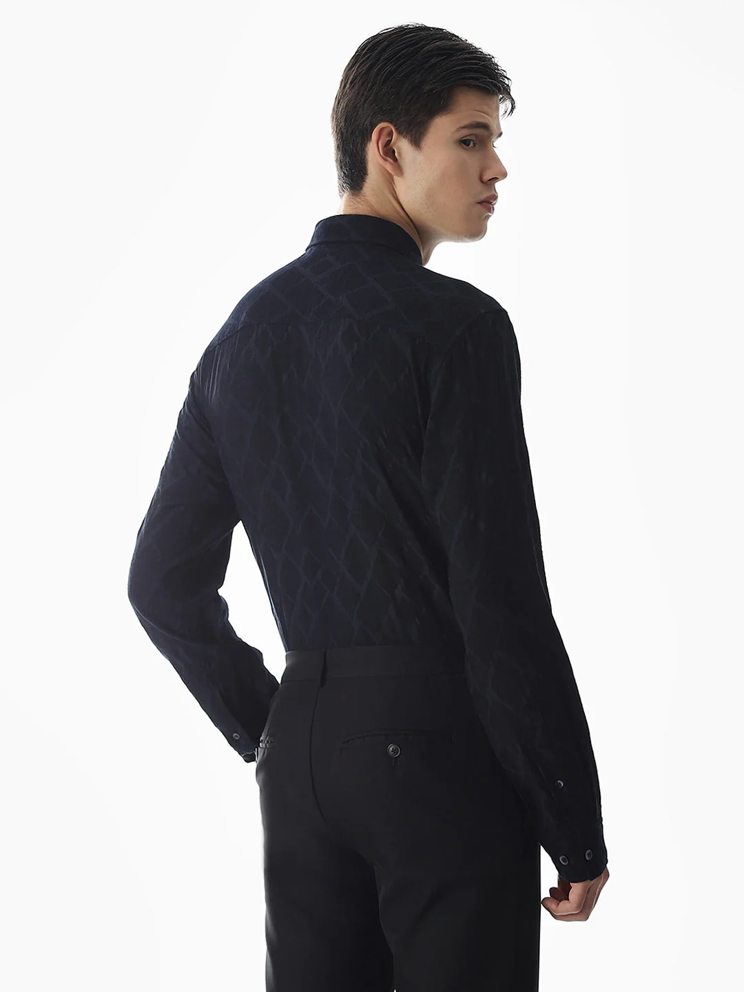 Navy Blue Jacquard Slim Fit Shirt - Image 4