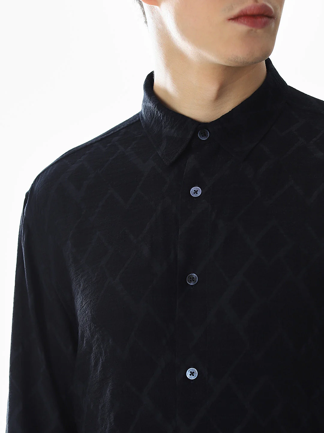 Navy Blue Jacquard Slim Fit Shirt - Image 5