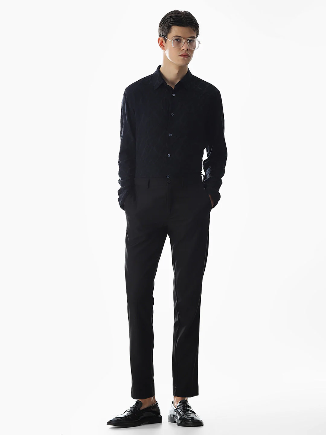 Navy Blue Jacquard Slim Fit Shirt - Image 6