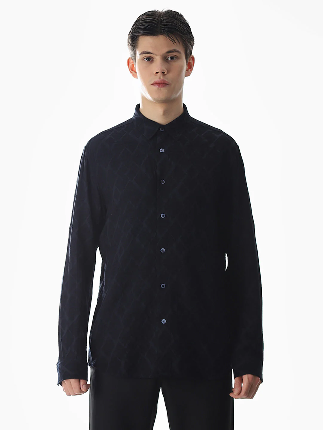 Navy Blue Jacquard Slim Fit Shirt - Image 8