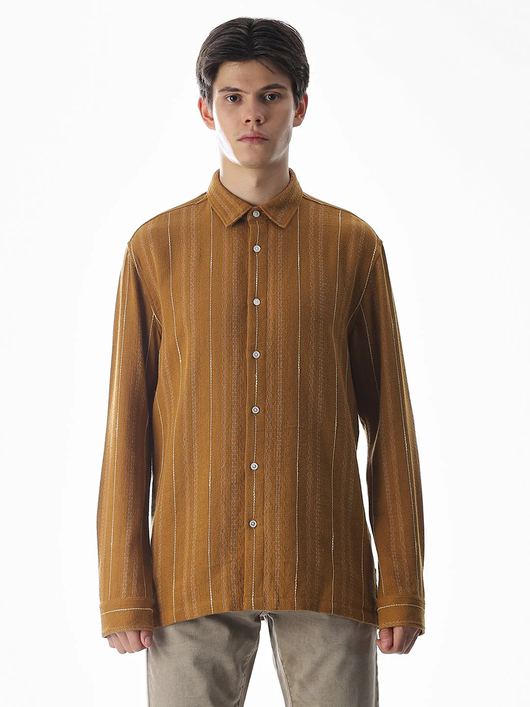 Regular Fit Striped Shirt - Golden Brown - Image 8