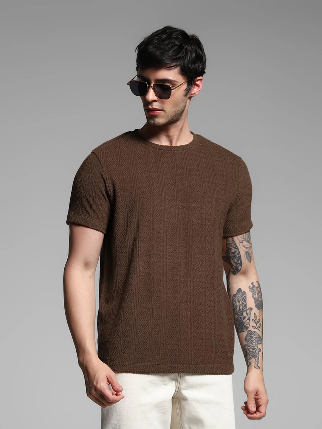 Brown Jacquard Crew NECK t-shirt