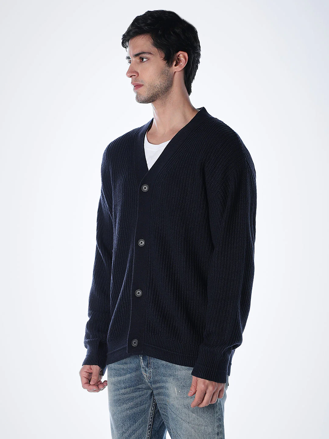 V-Neck Buttoned Cardigan - Dark Blue - Image 3