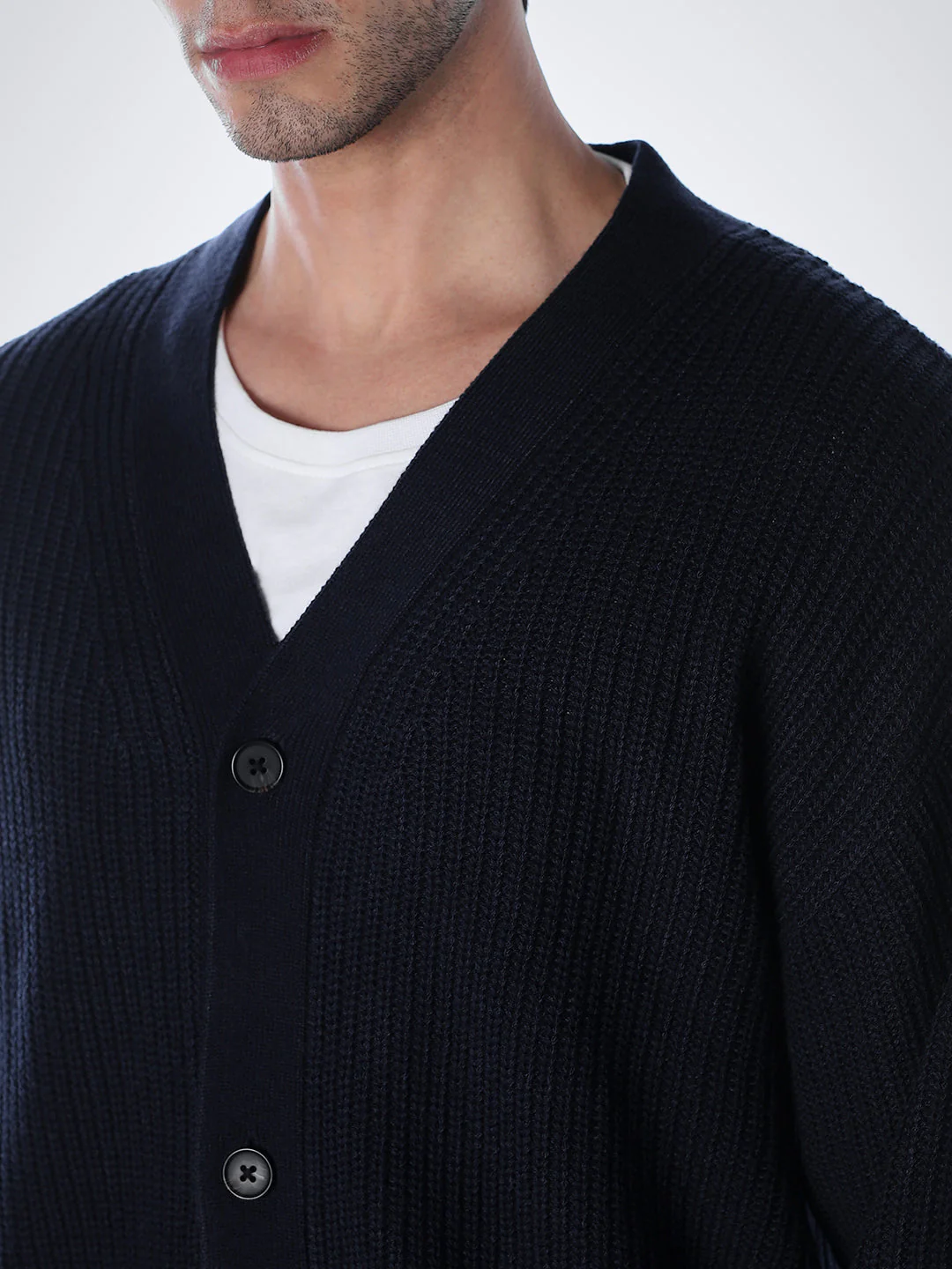 V-Neck Buttoned Cardigan - Dark Blue - Image 5