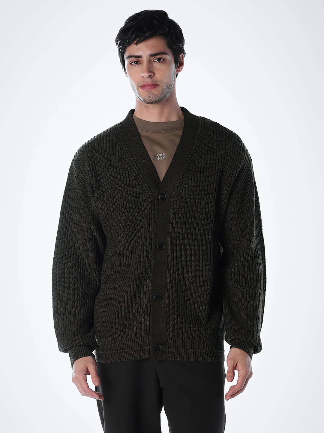 V-Neck Buttoned Cardigan - Dark Brown - Image 2