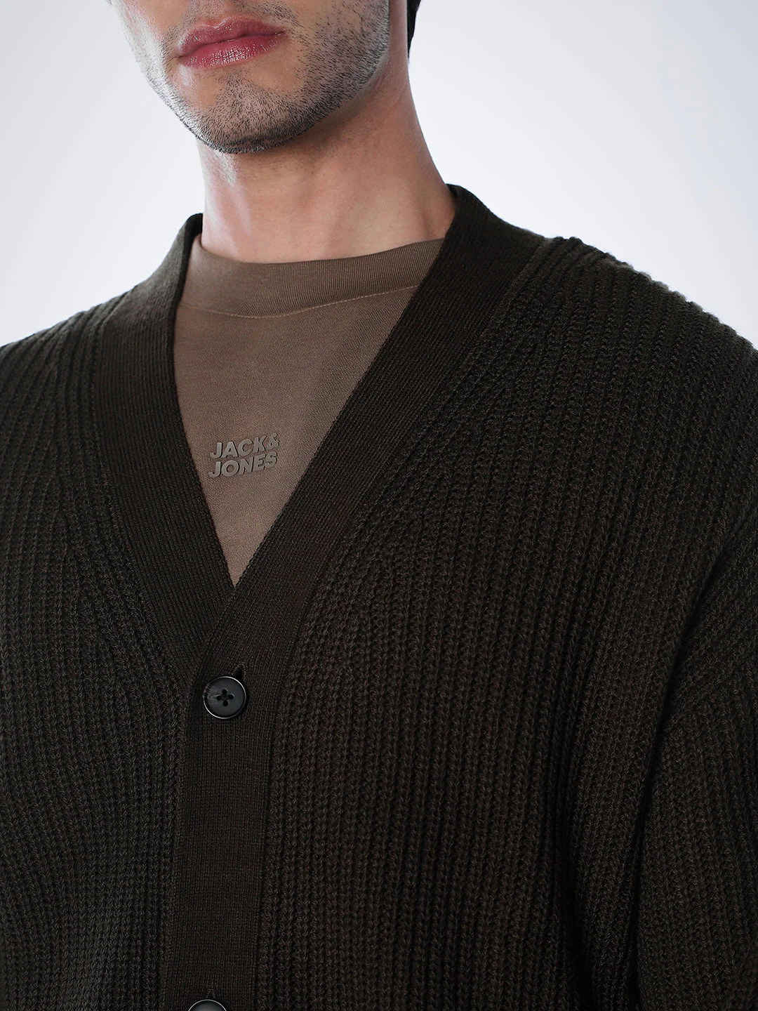 V-Neck Buttoned Cardigan - Dark Brown - Image 5