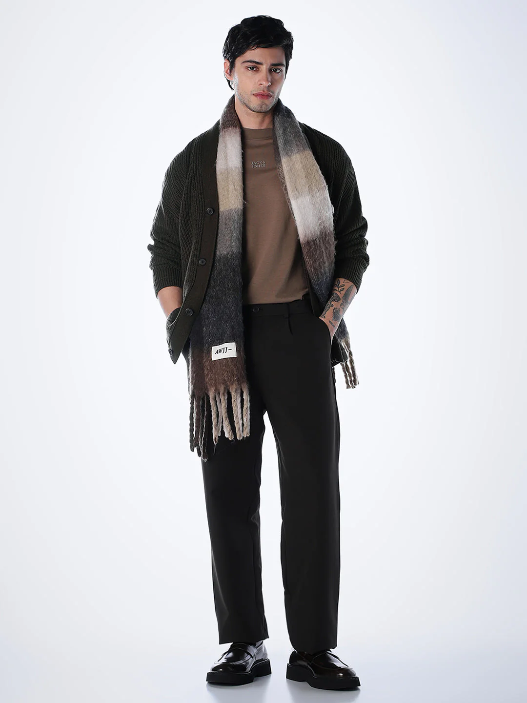 V-Neck Buttoned Cardigan - Dark Brown - Image 6