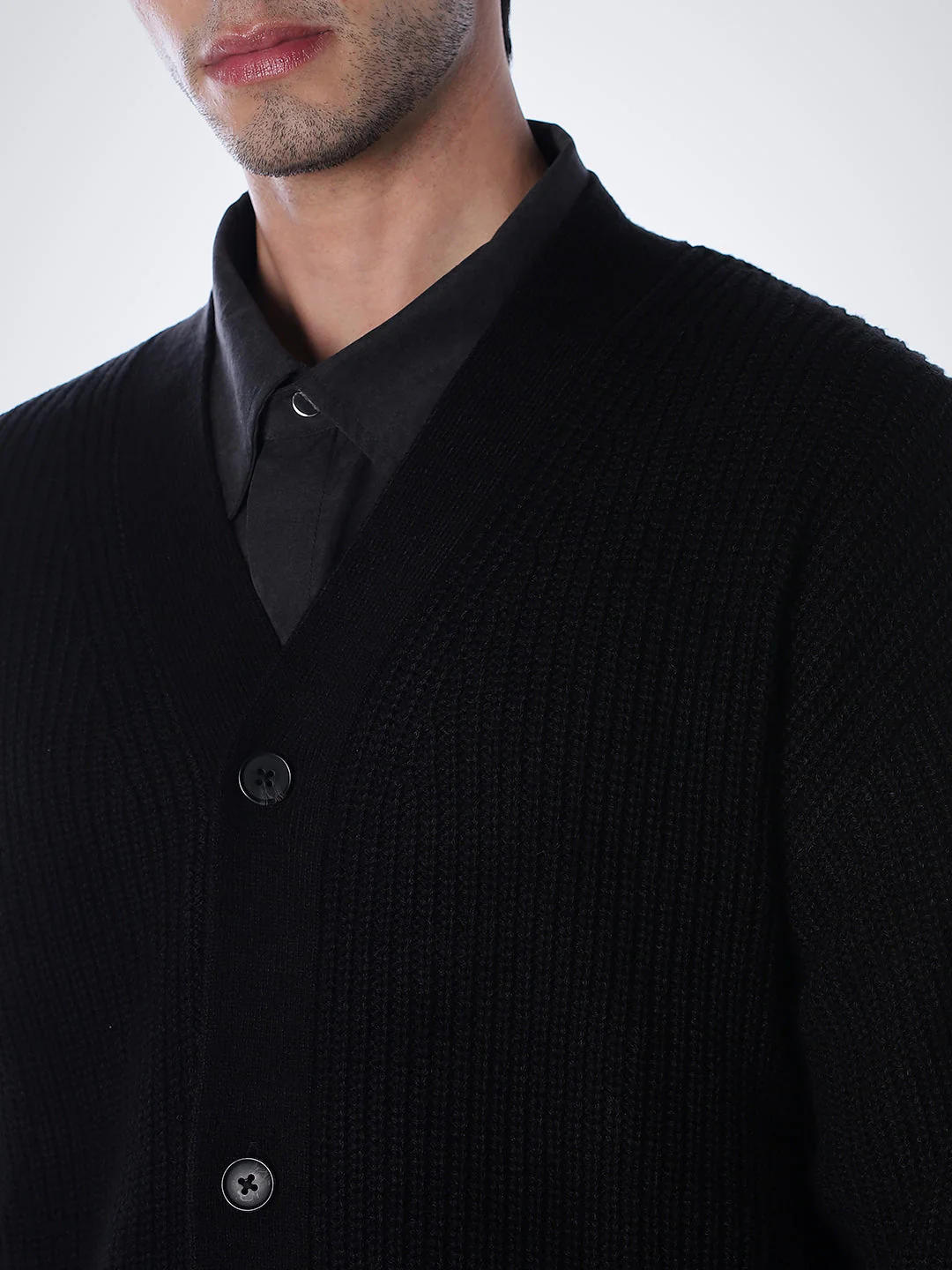 V-Neck Buttoned Cardigan - Black - Image 5