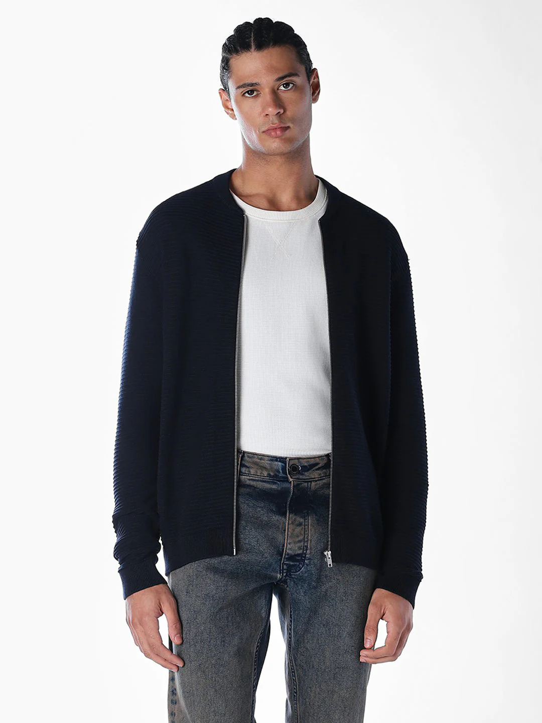 Navy Blue Zip-Up Cardigan - Image 2