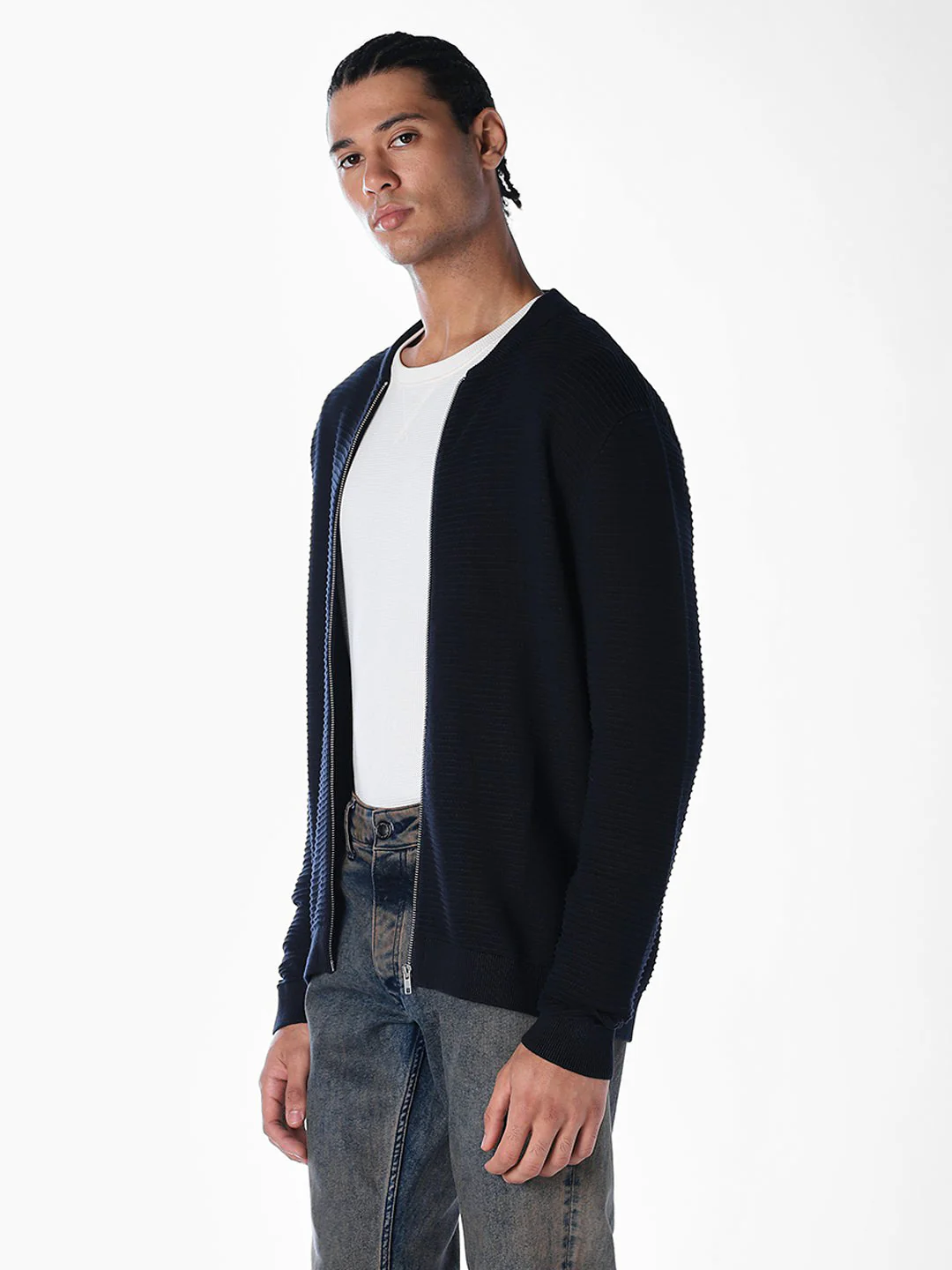 Navy Blue Zip-Up Cardigan - Image 3