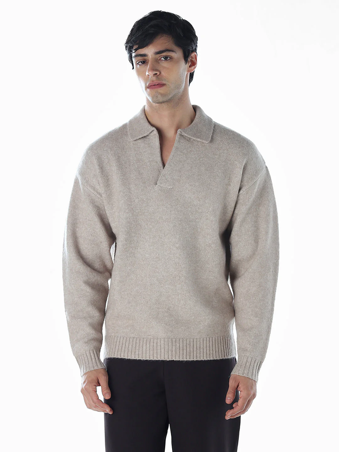 Split Neck Knit Oversized Polo - Beige - Image 2