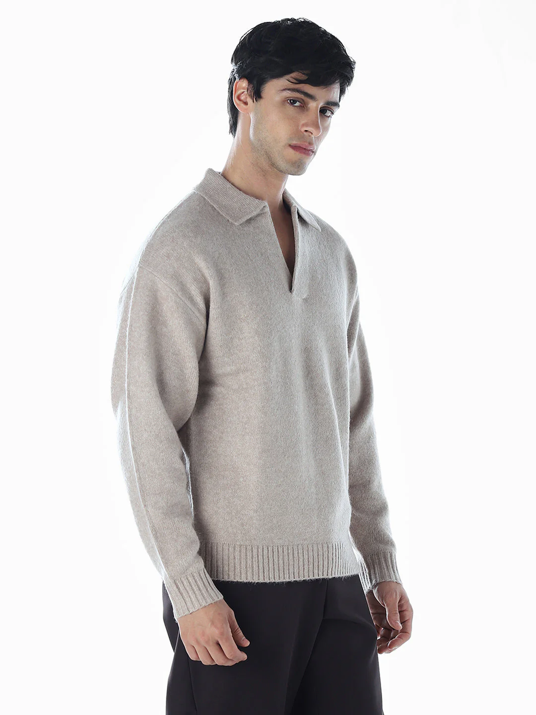 Split Neck Knit Oversized Polo - Beige - Image 3