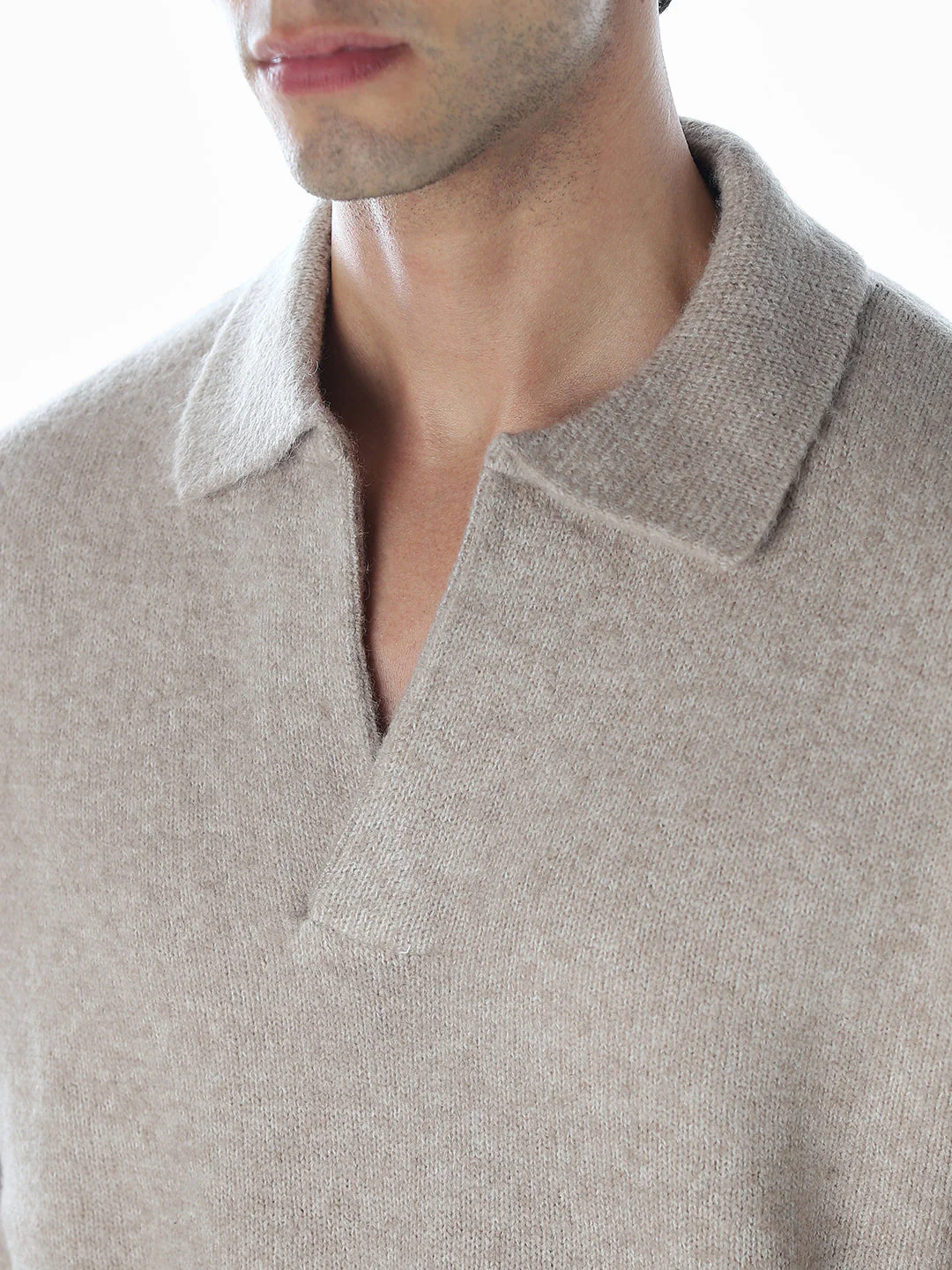 Split Neck Knit Oversized Polo - Beige - Image 5