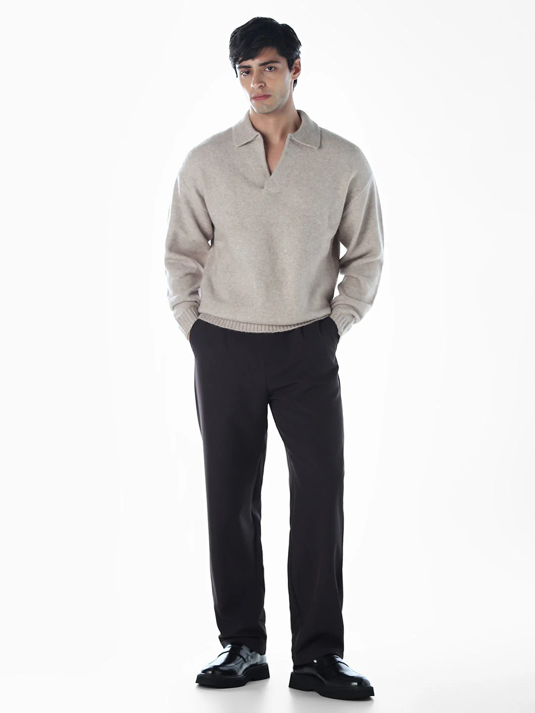 Split Neck Knit Oversized Polo - Beige - Image 6