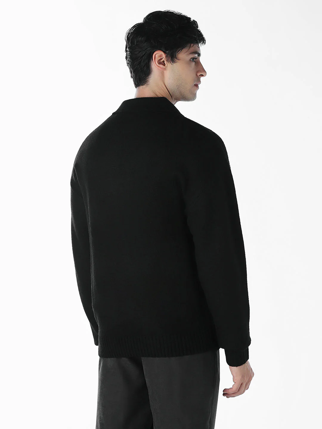 Split Neck Knit Oversized Polo - Black - Image 4