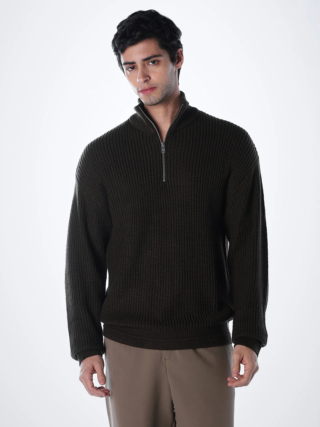 Half-Zip High Neck Pullover - Brown - Image 2