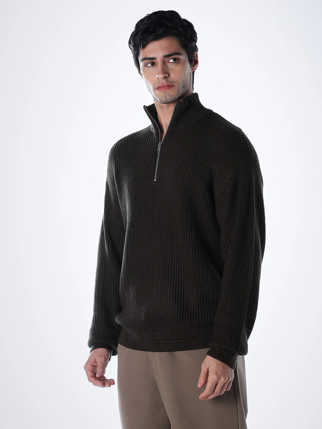 Half-Zip High Neck Pullover - Brown - Image 3