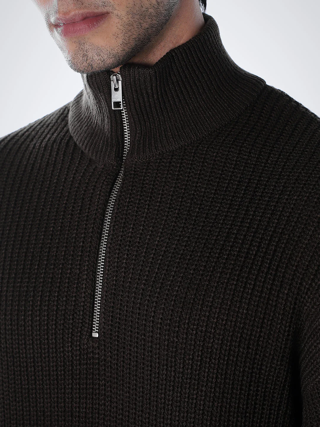 Half-Zip High Neck Pullover - Brown - Image 5