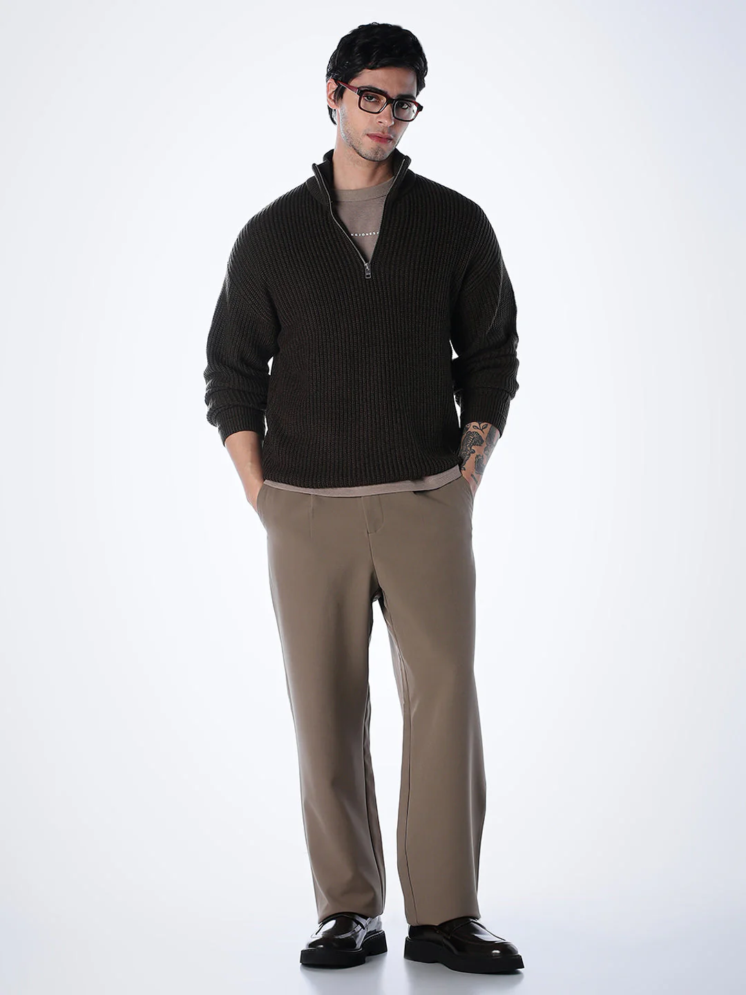 Half-Zip High Neck Pullover - Brown - Image 6