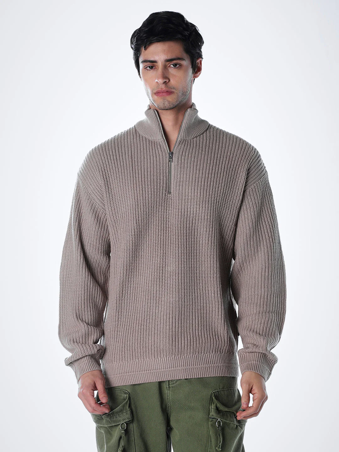 Half-Zip High Neck Pullover - Beige - Image 2