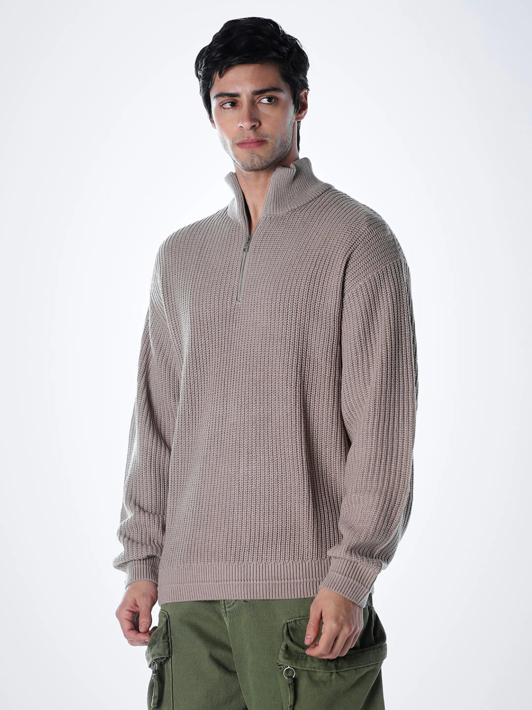 Half-Zip High Neck Pullover - Beige - Image 3