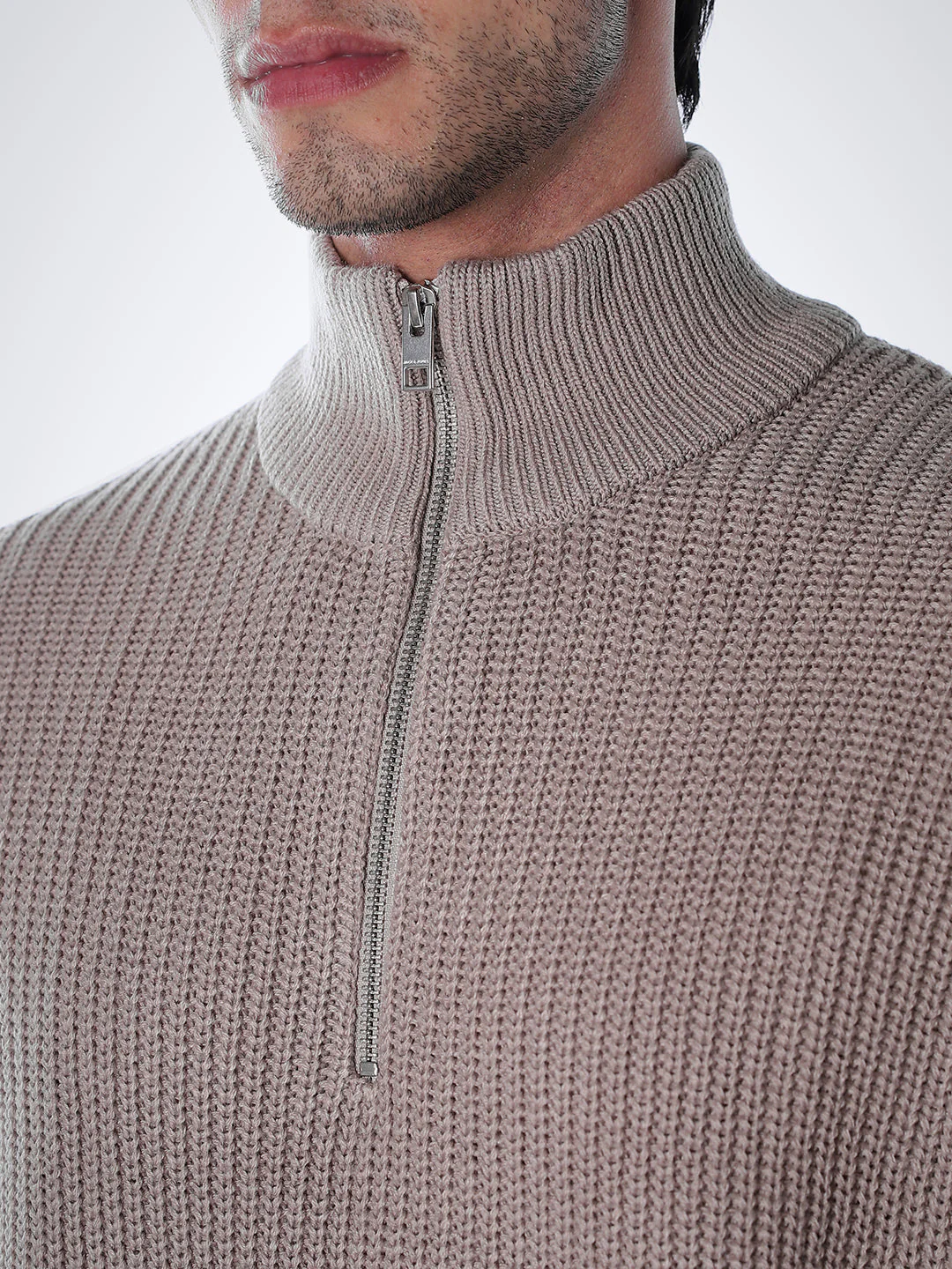 Half-Zip High Neck Pullover - Beige - Image 5