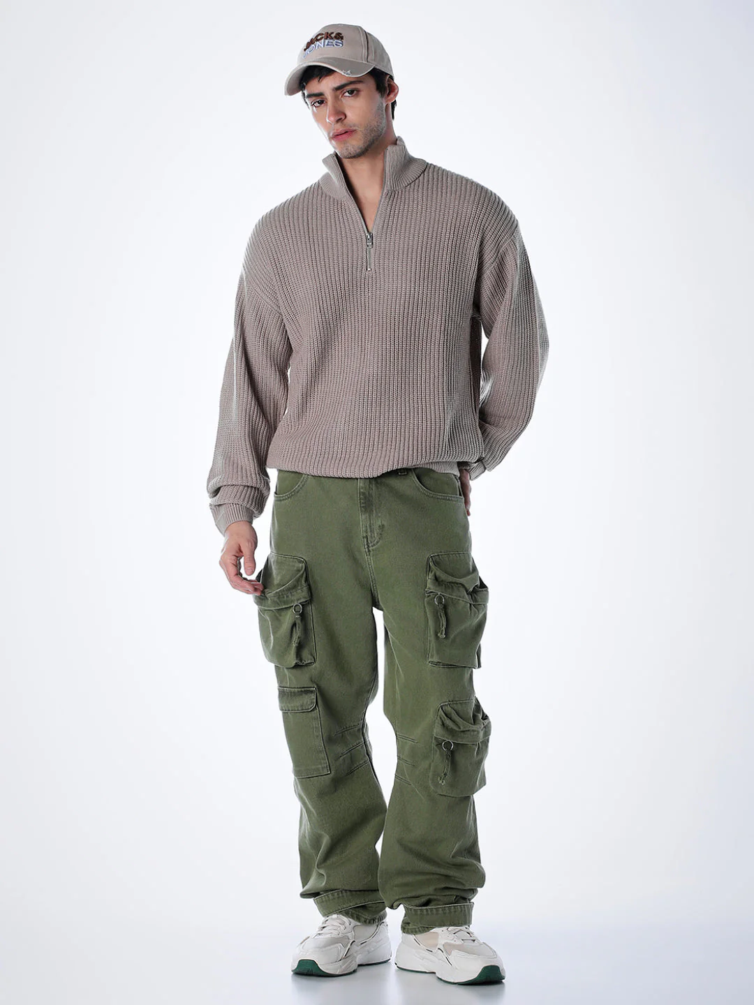 Half-Zip High Neck Pullover - Beige - Image 6