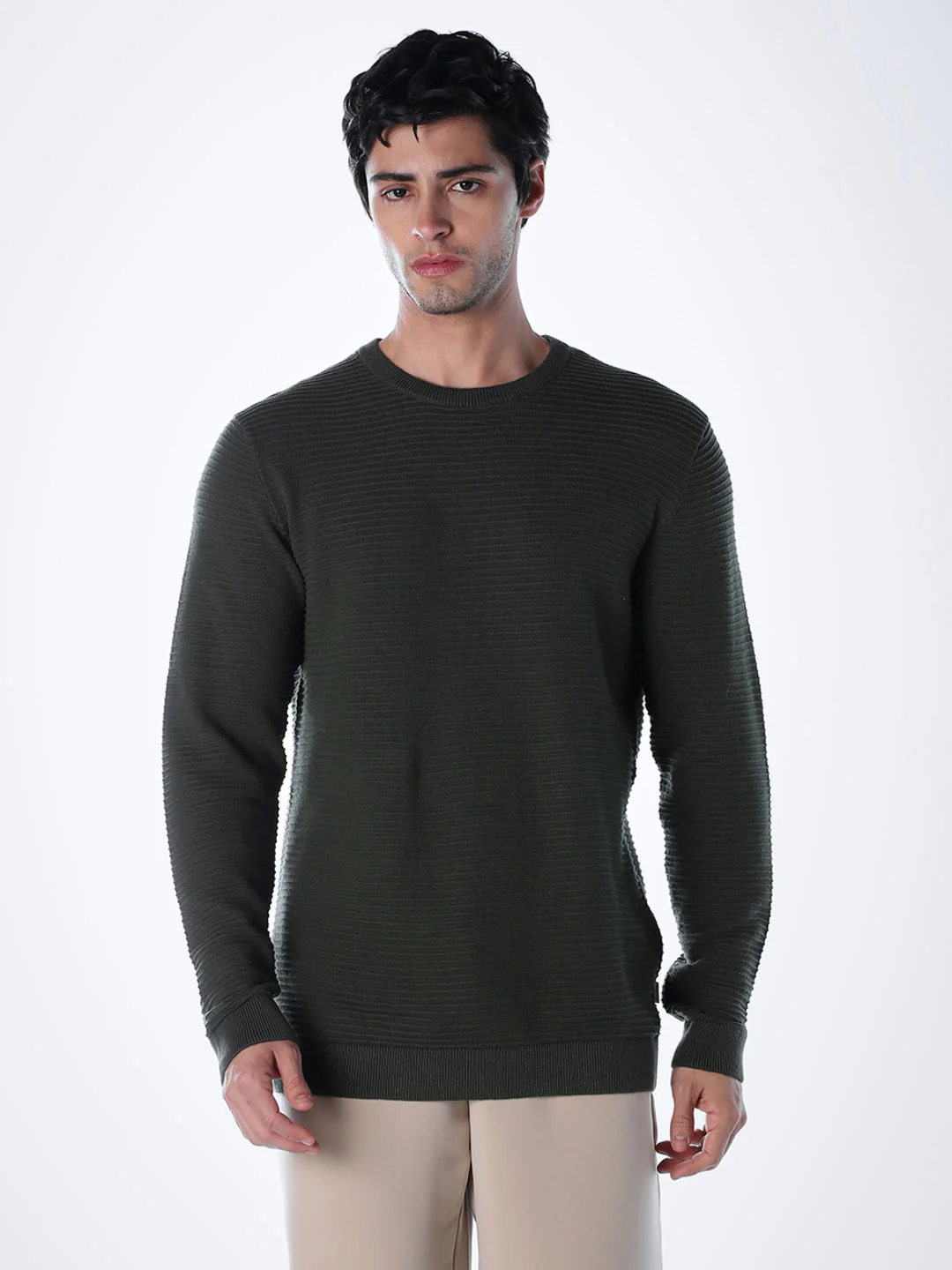 Crew Neck Cotton Knit - Green - Image 2