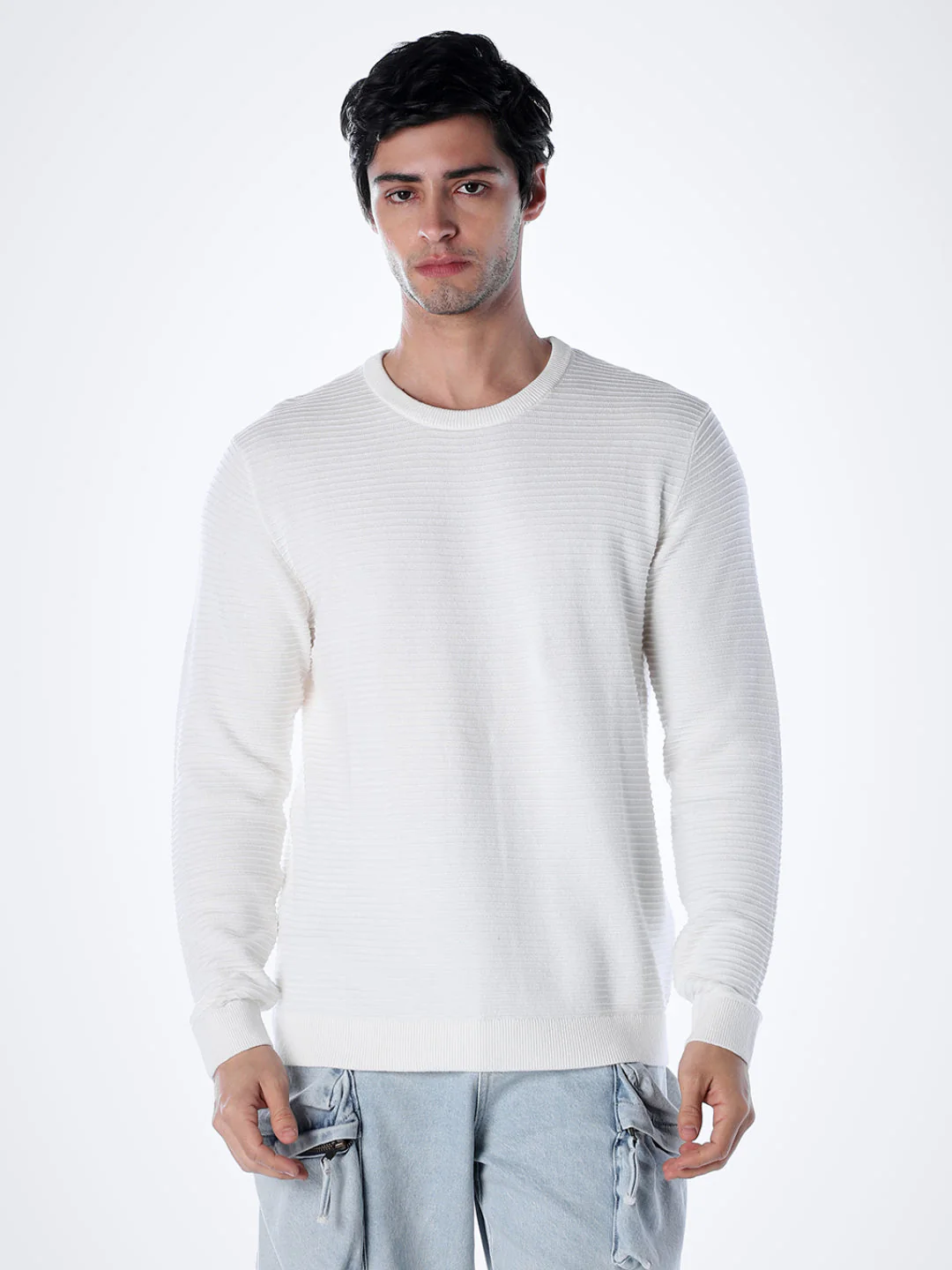 Crew Neck Cotton Knit - White - Image 2