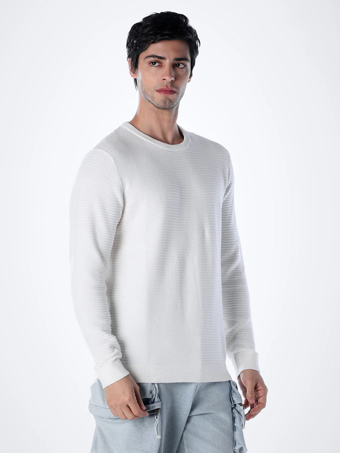 Crew Neck Cotton Knit - White - Image 3