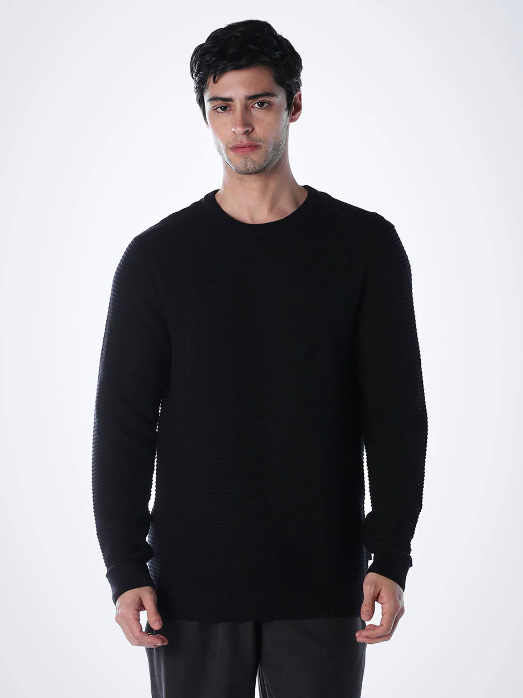 Crew Neck Cotton Knit - Black - Image 2