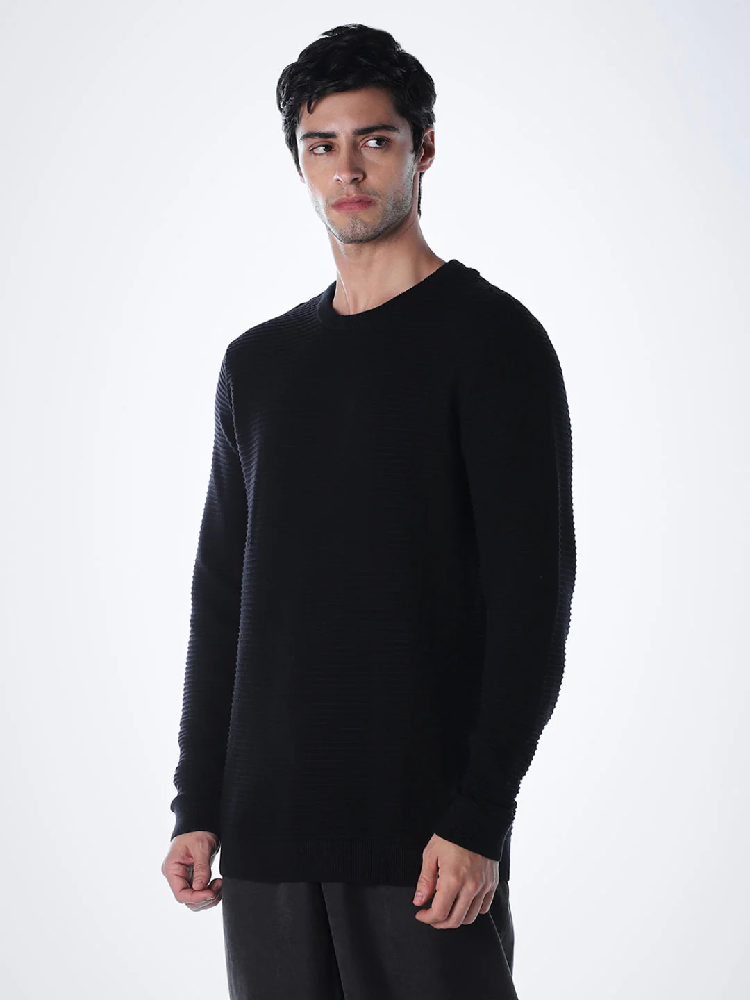 Crew Neck Cotton Knit - Black - Image 3