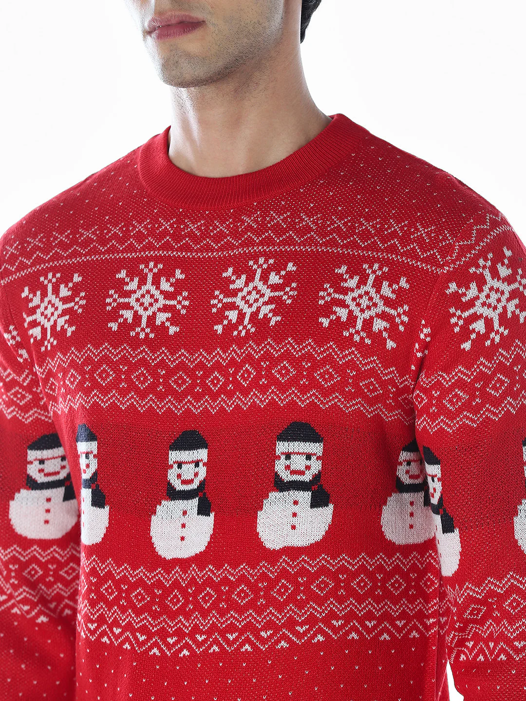 Printed Jacquard Crew Neck Pullover - Red - Image 5