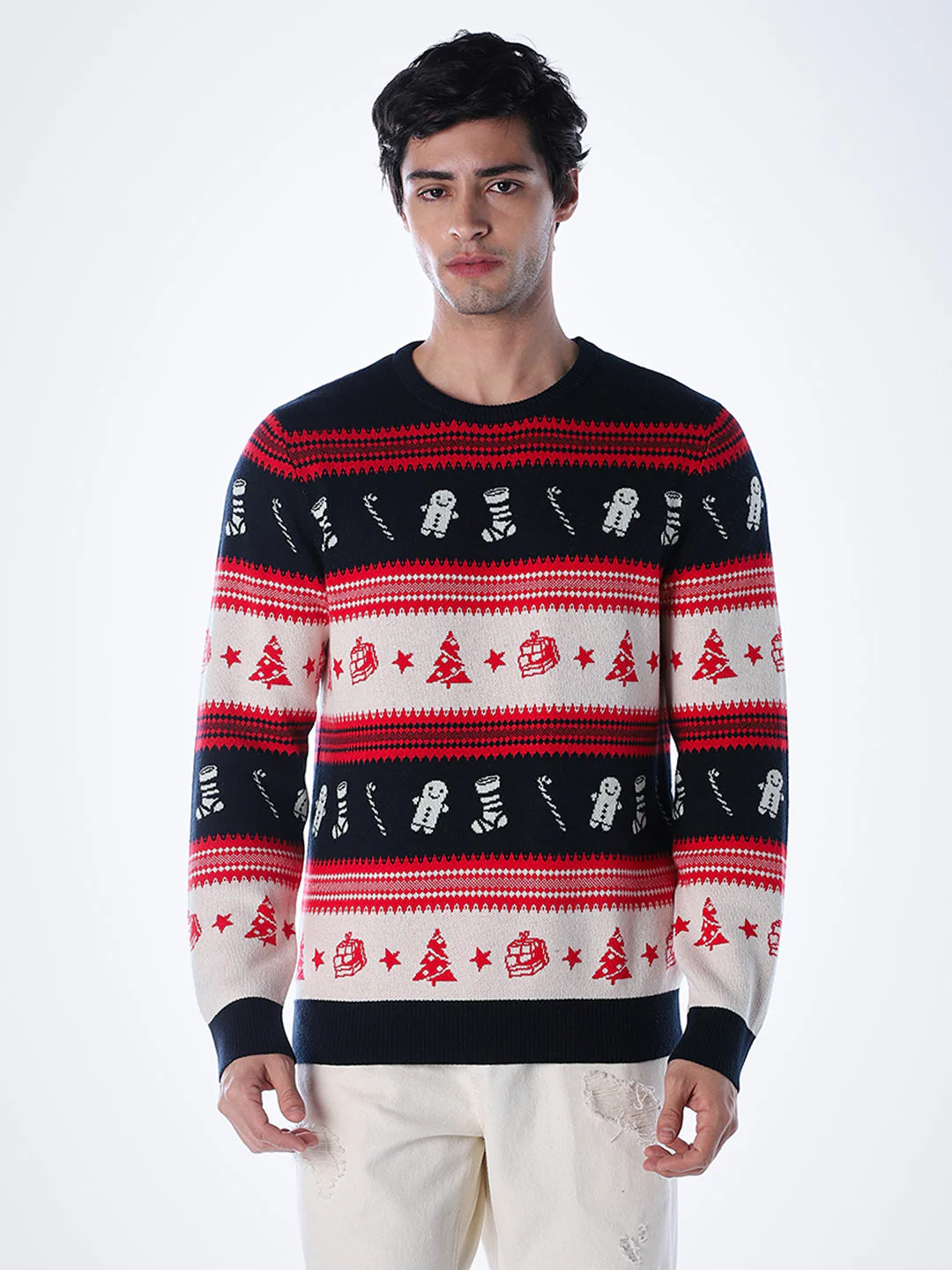 X-MAS Print Jacquard Pullover - Red - Image 3