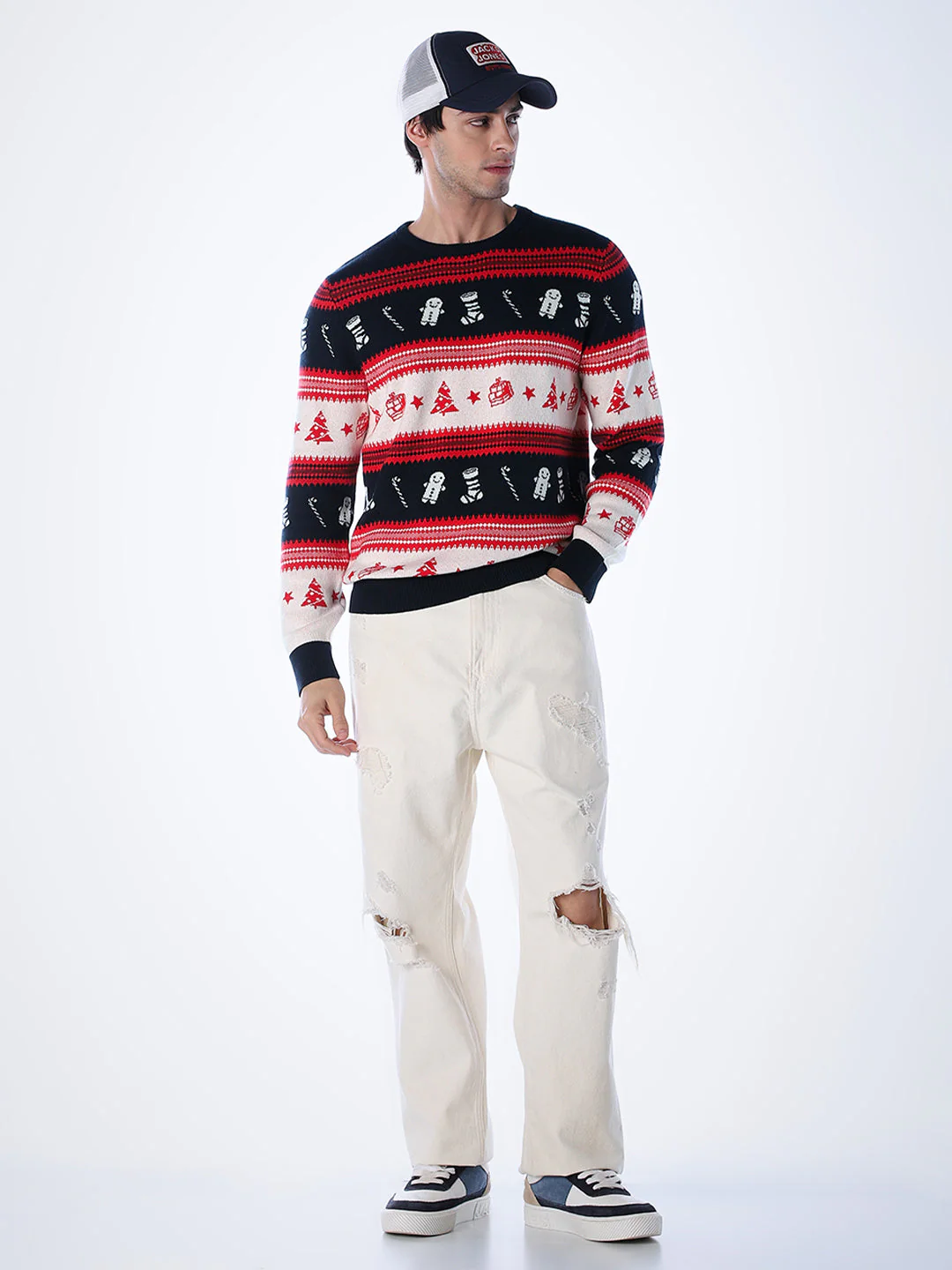 X-MAS Print Jacquard Pullover - Red - Image 6