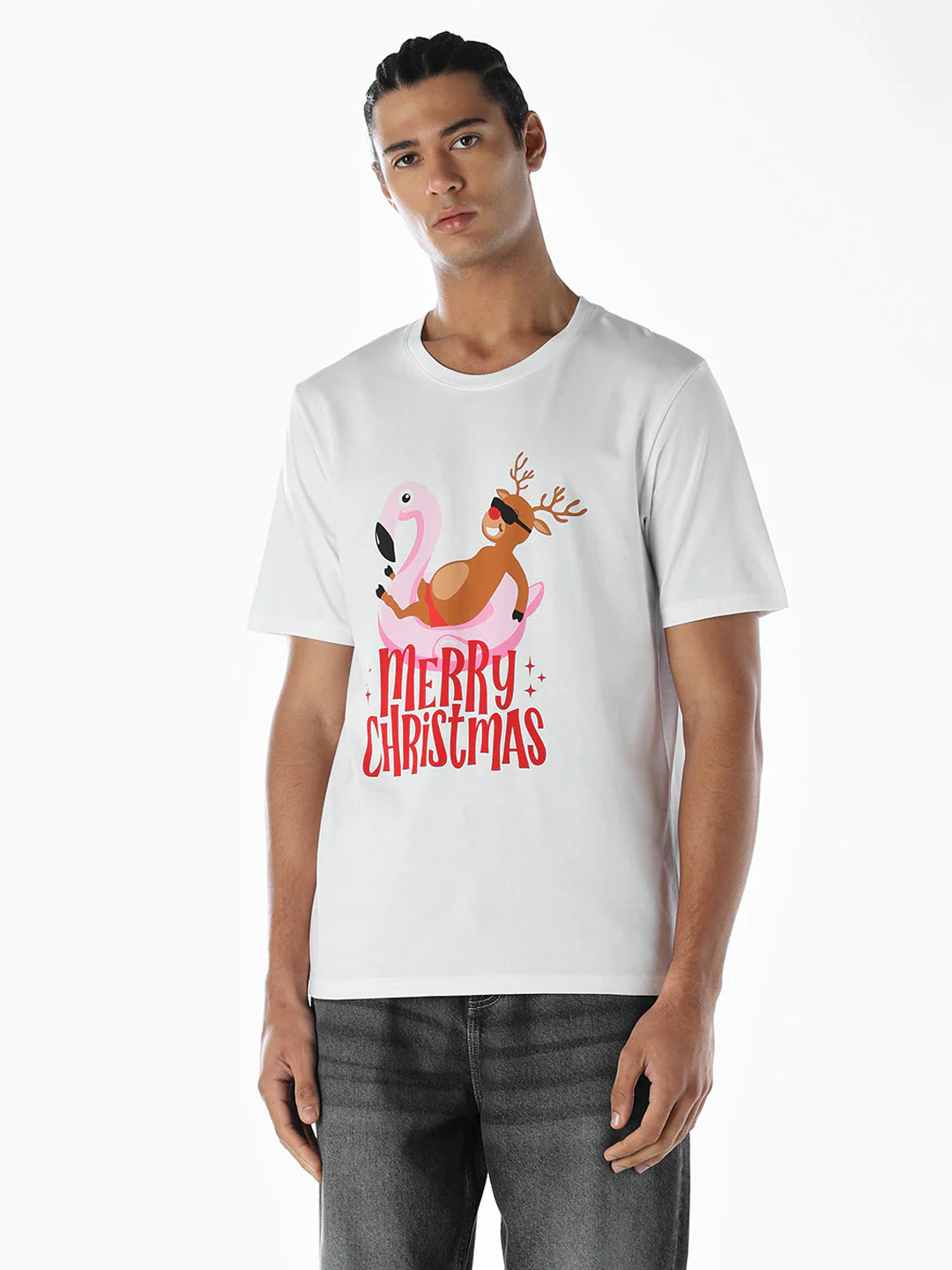 Reindeer X-Mas Printed T-shirt - White - Image 2