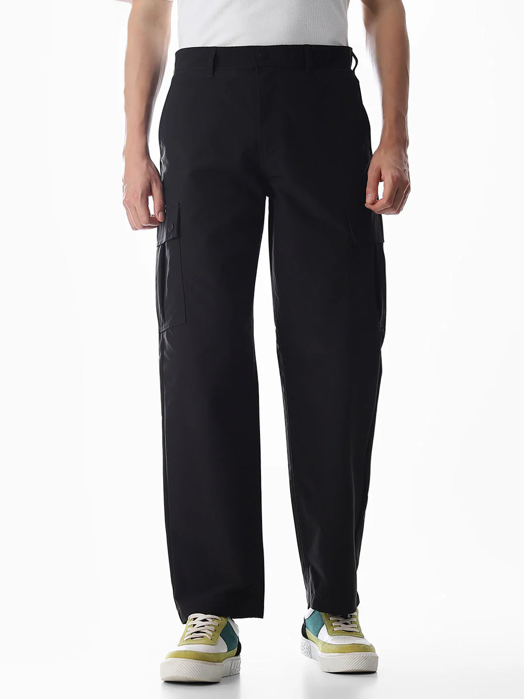 Black Mid Rise Regular Fit Cargos