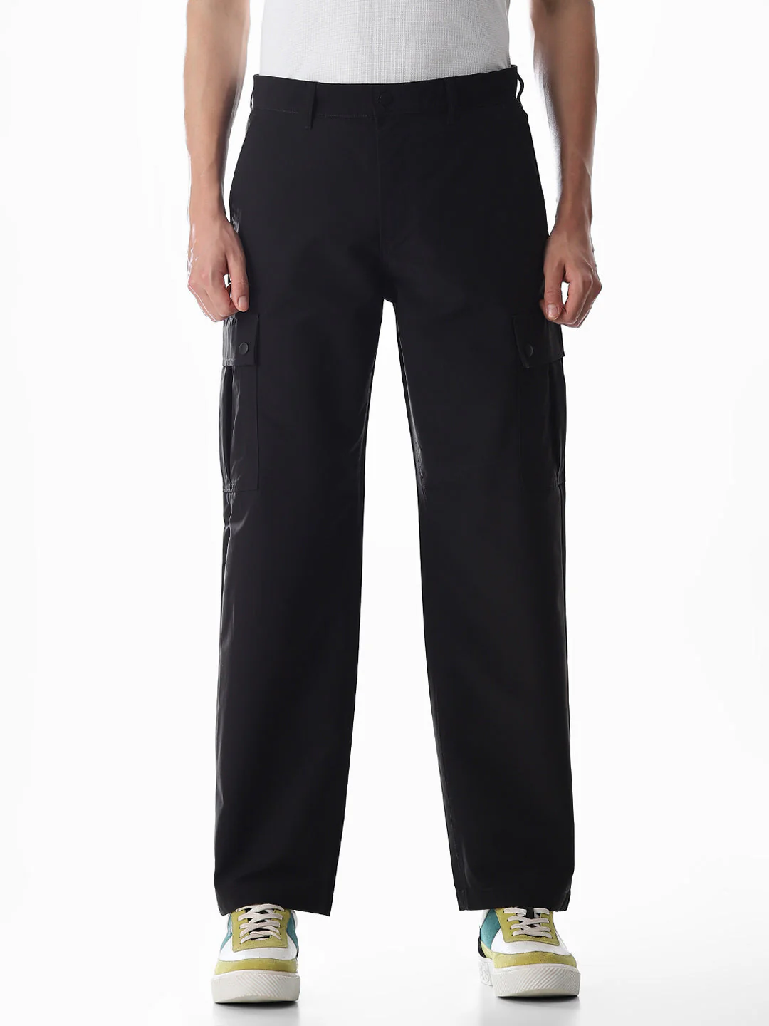 Black Mid Rise Regular Fit Cargos - Image 8