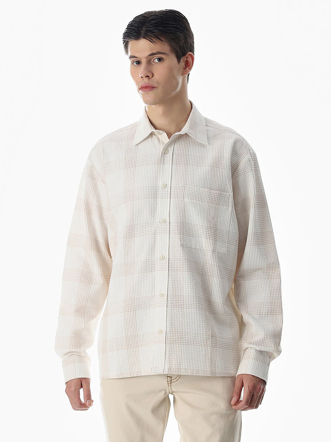 White Waffle Check Cotton Shirt - Image 2