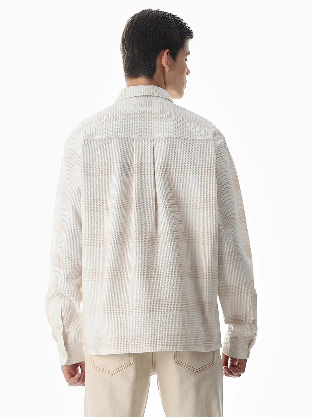 White Waffle Check Cotton Shirt - Image 4