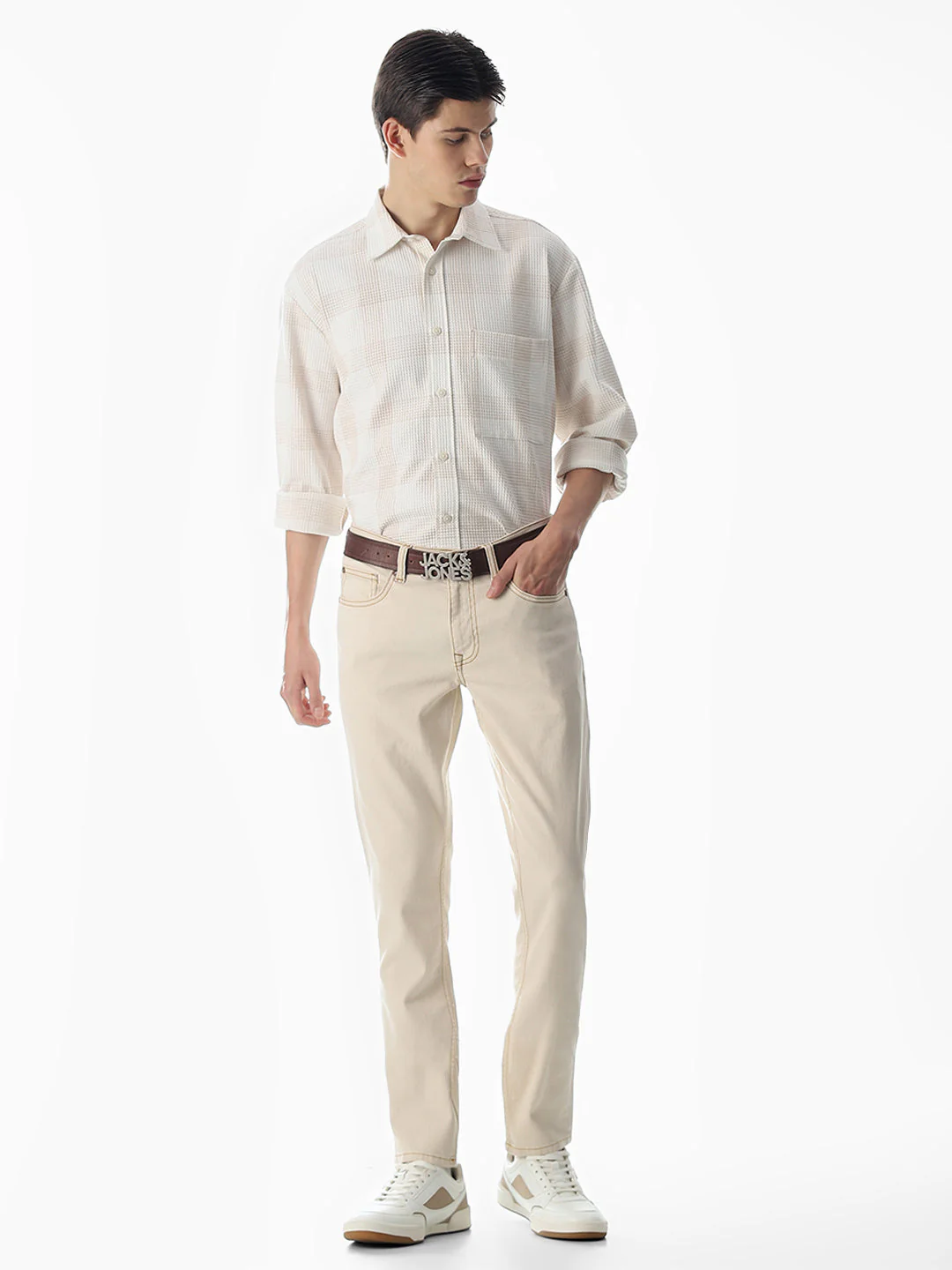 White Waffle Check Cotton Shirt - Image 6