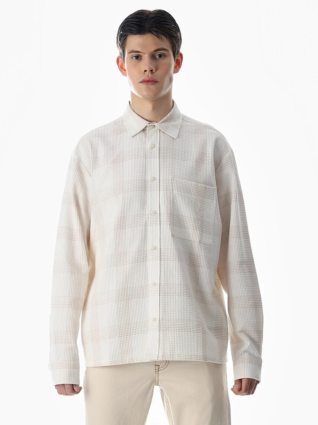 White Waffle Check Cotton Shirt - Image 8