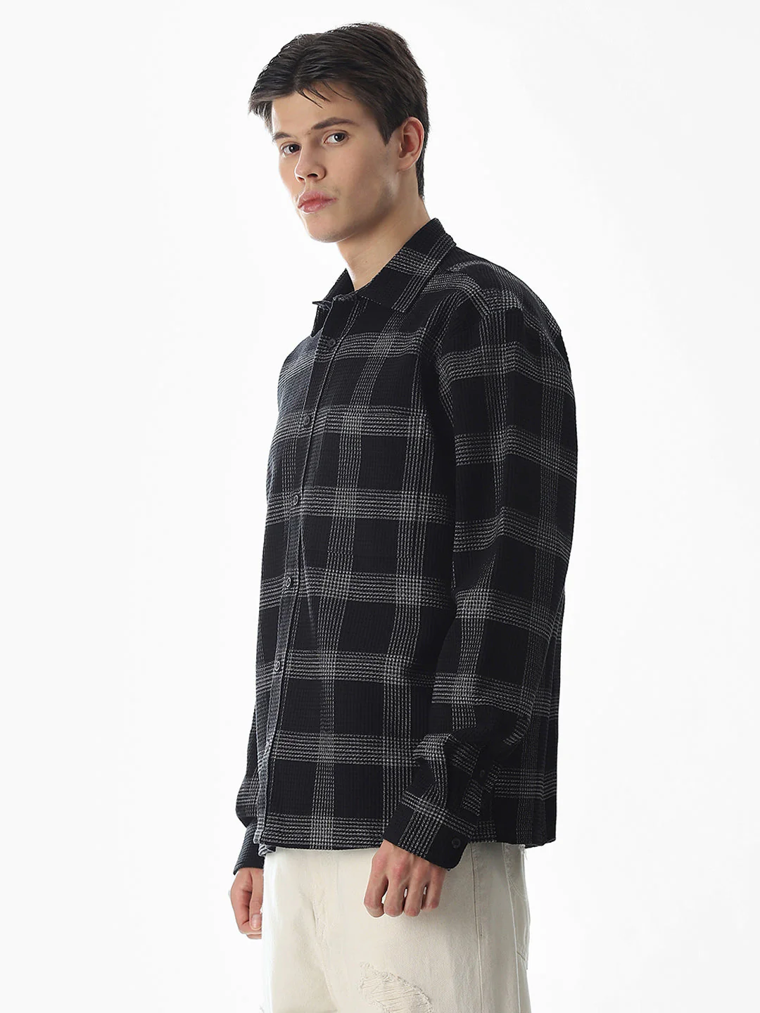 Black Waffle Check Cotton Shirt - Image 3