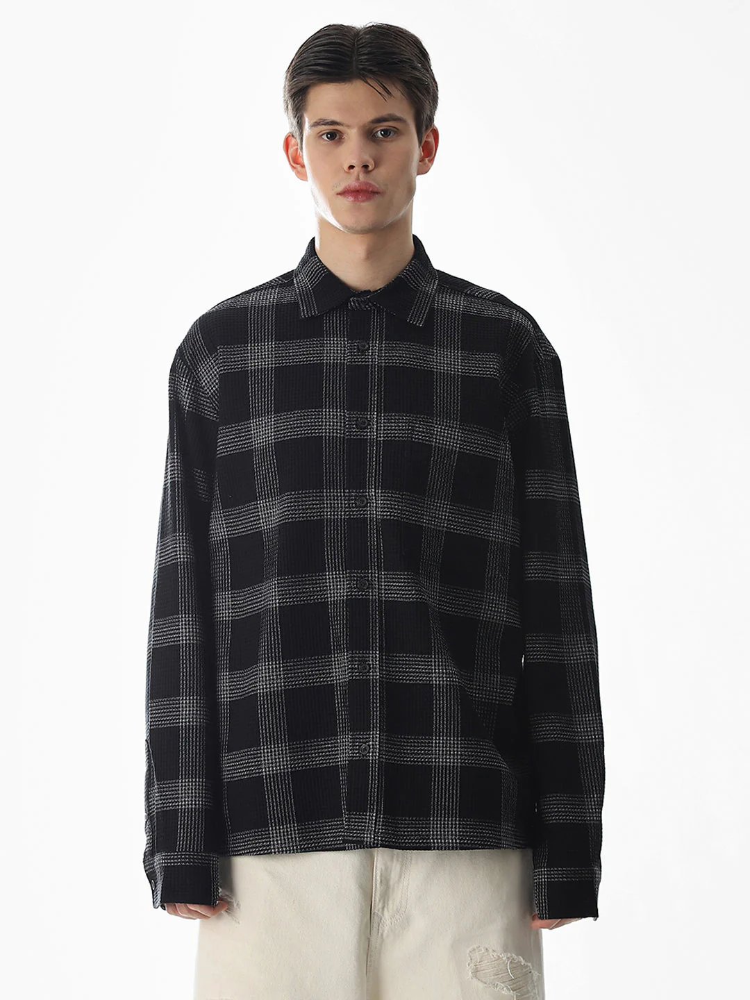 Black Waffle Check Cotton Shirt - Image 8