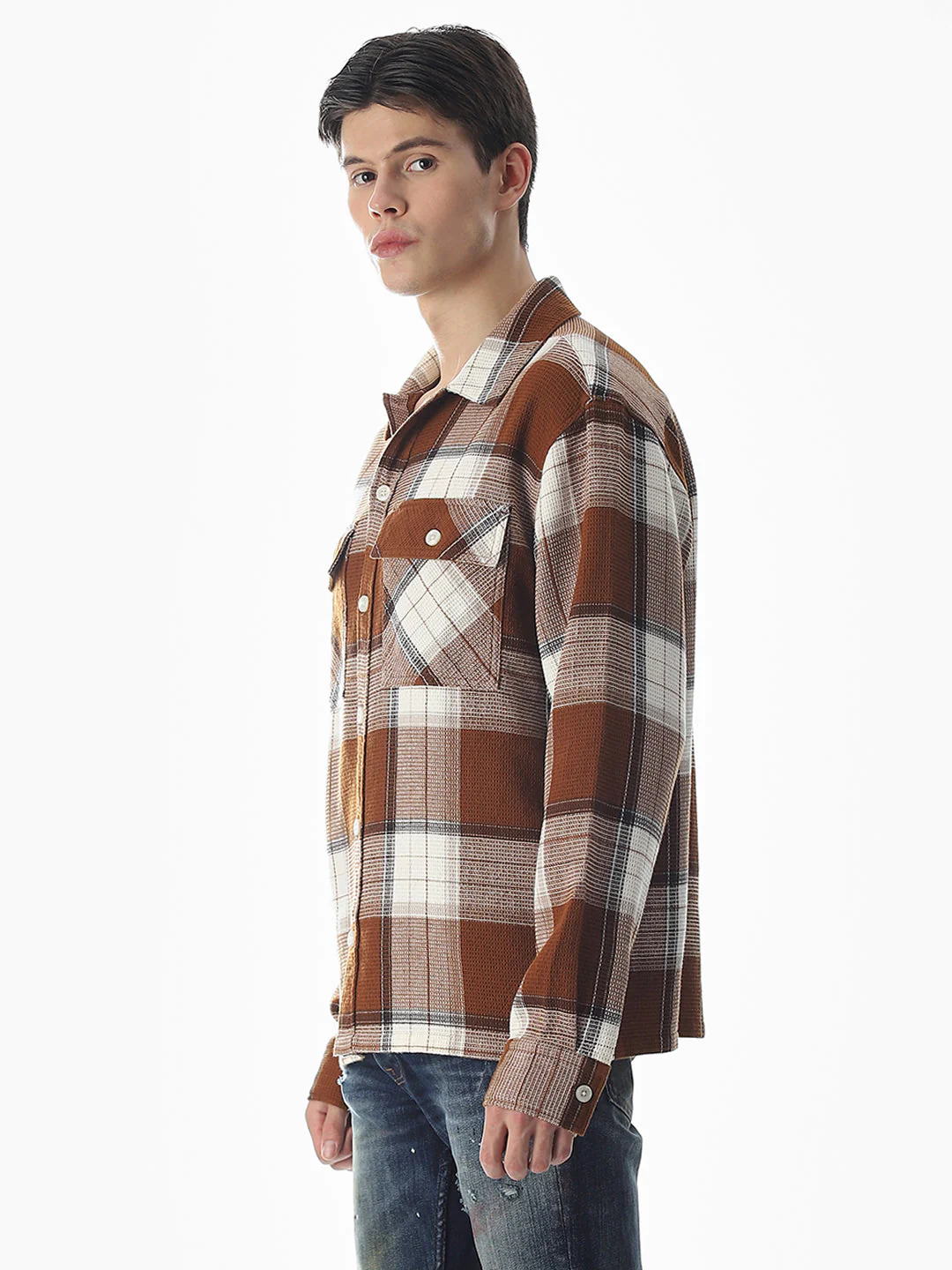 Dark Brown Check Cotton Shirt - Image 3
