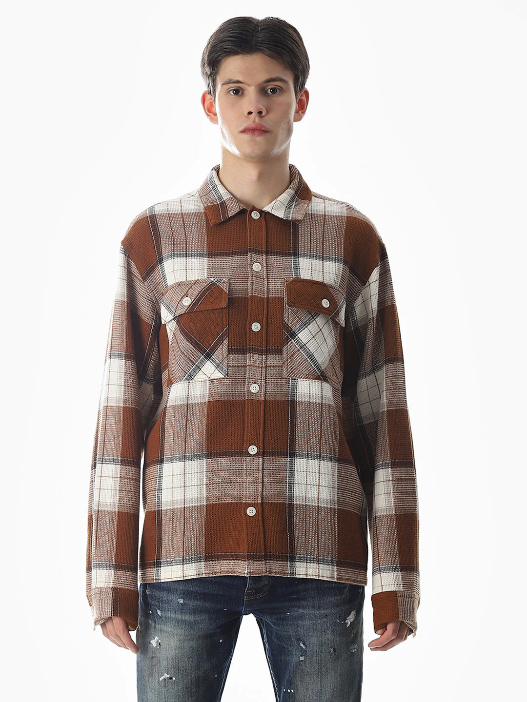 Dark Brown Check Cotton Shirt - Image 8