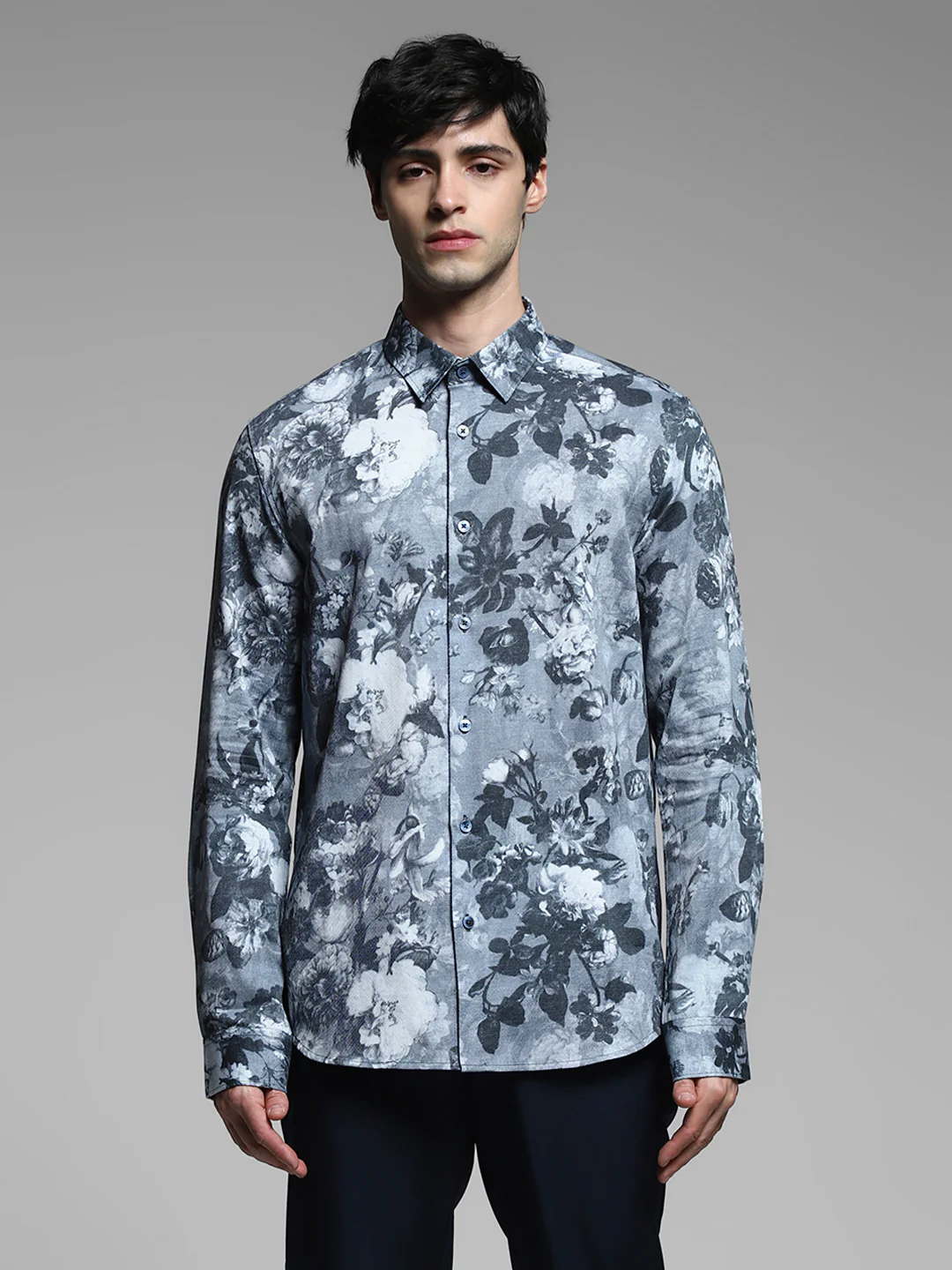 Grey Floral Cotton Shirt - Image 8