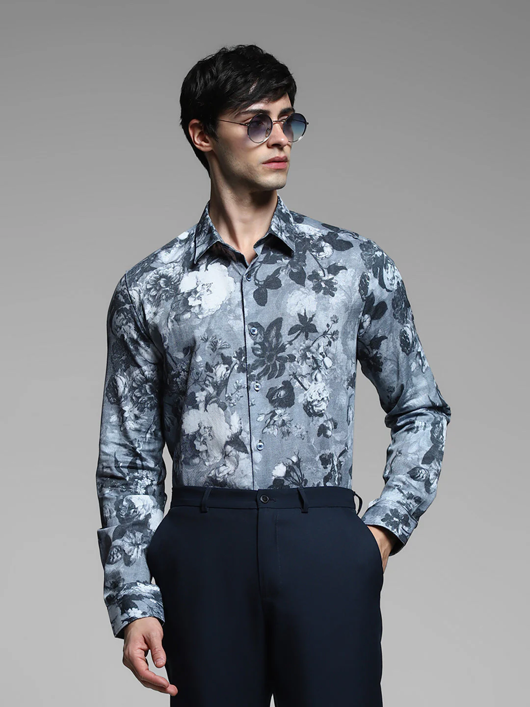 Grey Floral Print Cotton Shirt