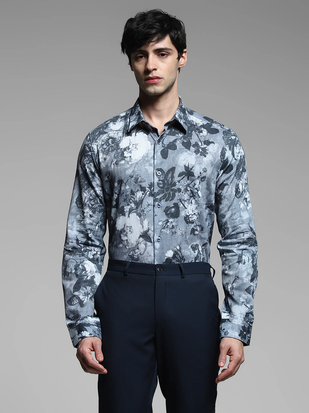 Grey Floral Print Cotton Shirt - Image 2